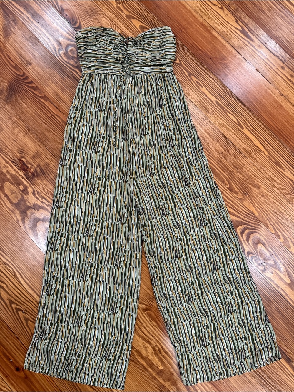 Lush Strapless Wide-Leg Jumpsuit in Olive and Black Abstract Print